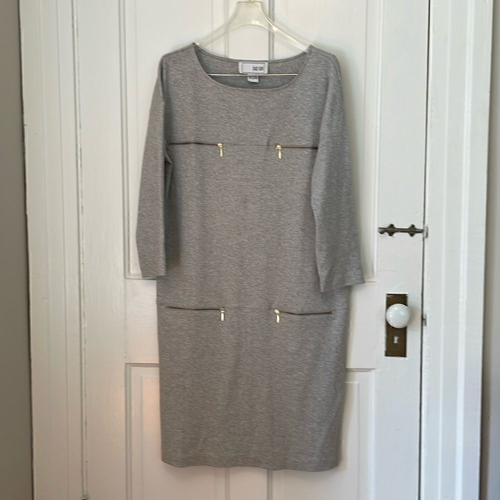 Joan Vass gray soft knit midi shift dress 3/4 sleeves zipper detail size 10-12